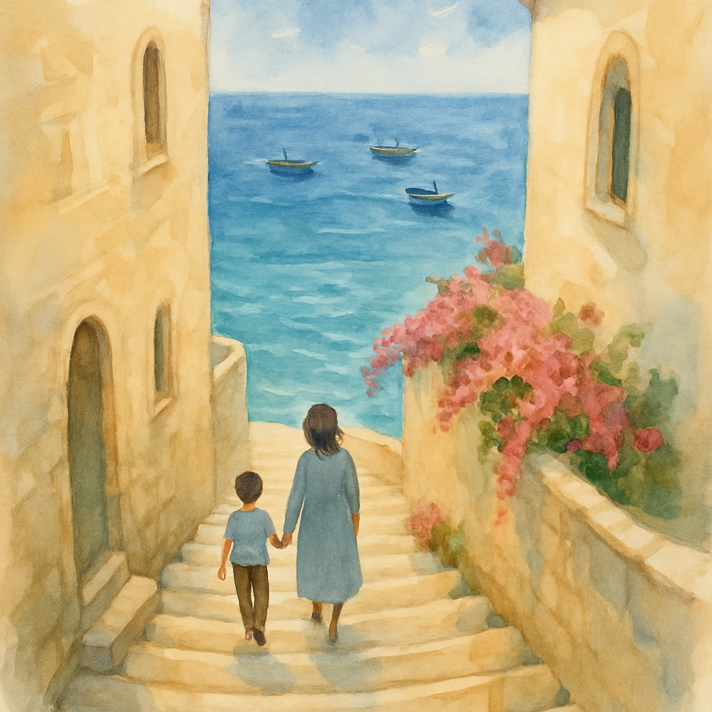 A view from the top of an old stone staircase that winds down between two pale Levantine buildings. Sami and his mother are halfway down, holding hands. At the bottom of the steps, the sea opens up wi