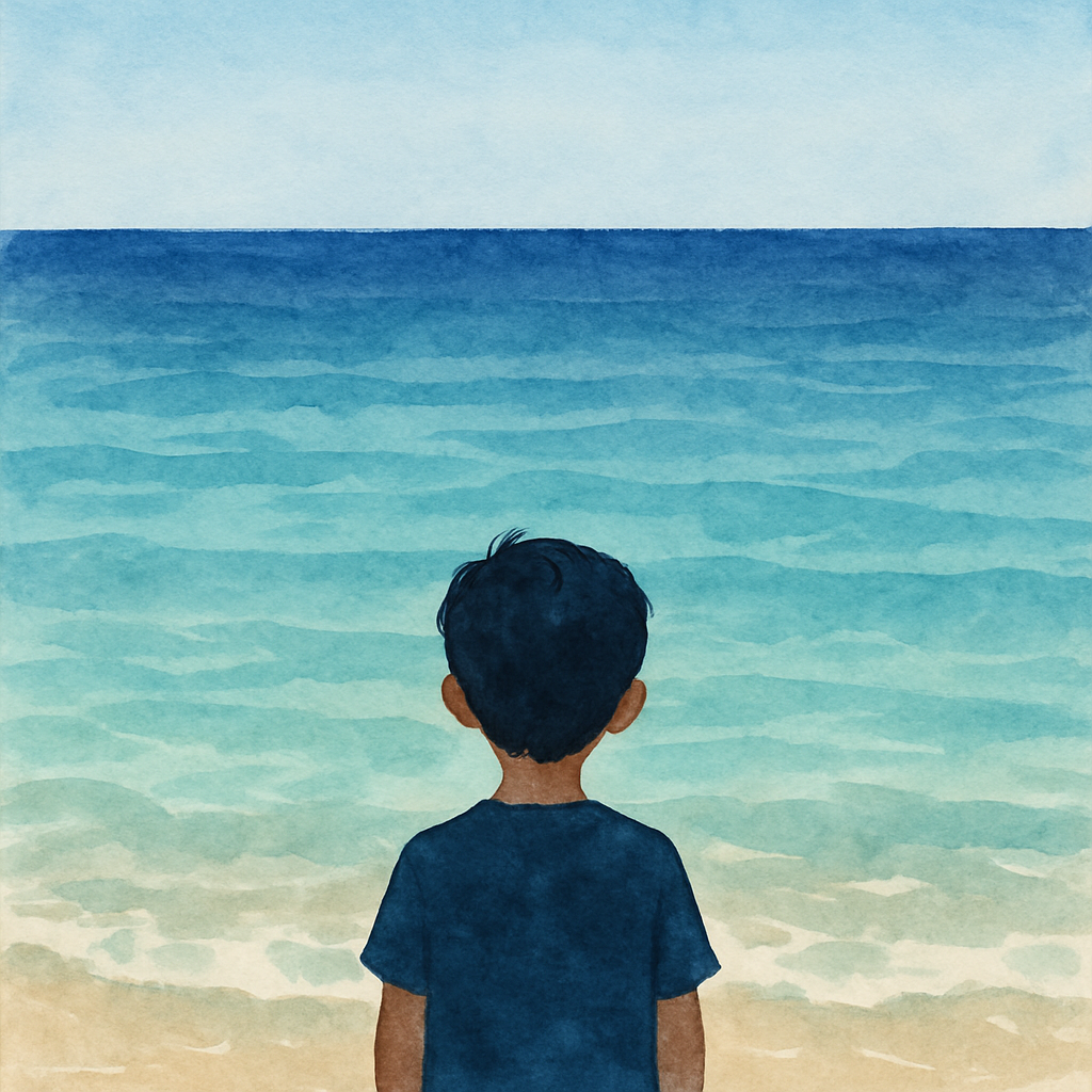 A close watercolor of Sami from behind, small against the vast Mediterranean. He stands at the edge where the wet sand begins. The sea fills most of the frame in layers of blue — pale turquoise near t