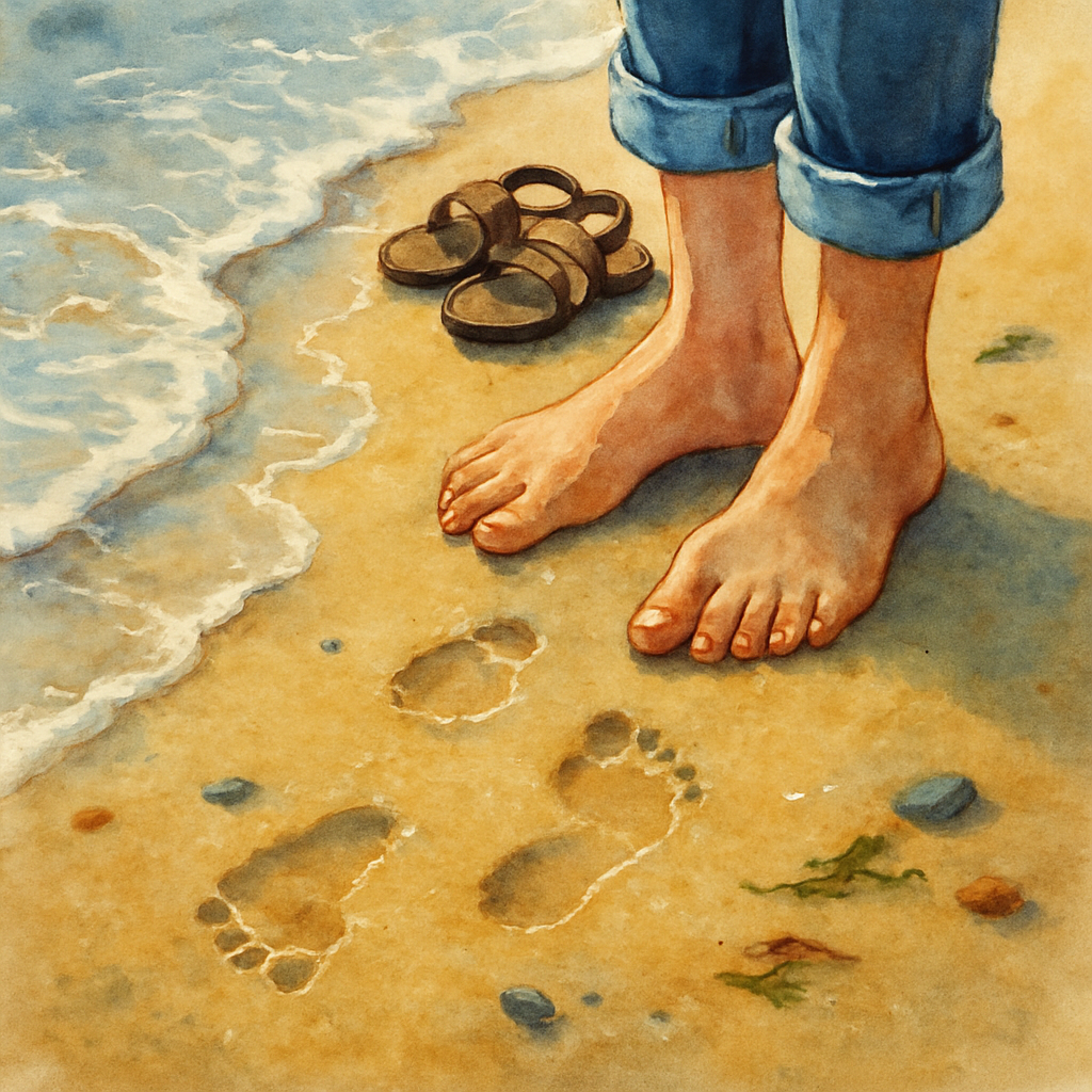 Close-up watercolor of Sami's bare feet pressing into wet golden sand at the edge of the sea. Tiny footprints behind him are filling with shallow water. A few small pebbles and bits of seaweed scatter
