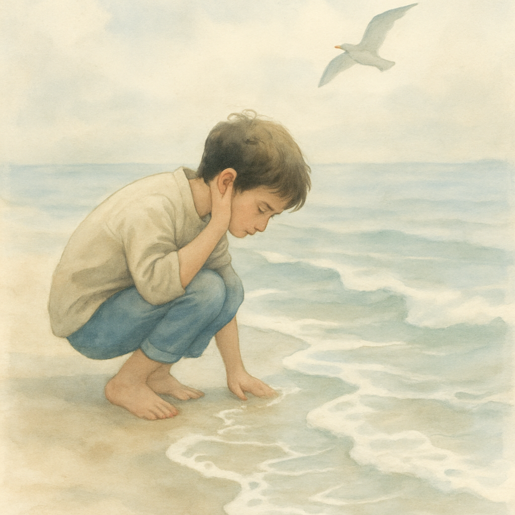 Sami crouched at the water's edge, head tilted, one hand cupped near his ear as if listening carefully. Small ripples of foam are spreading toward his toes. The sea's gentle waves curl in soft white l