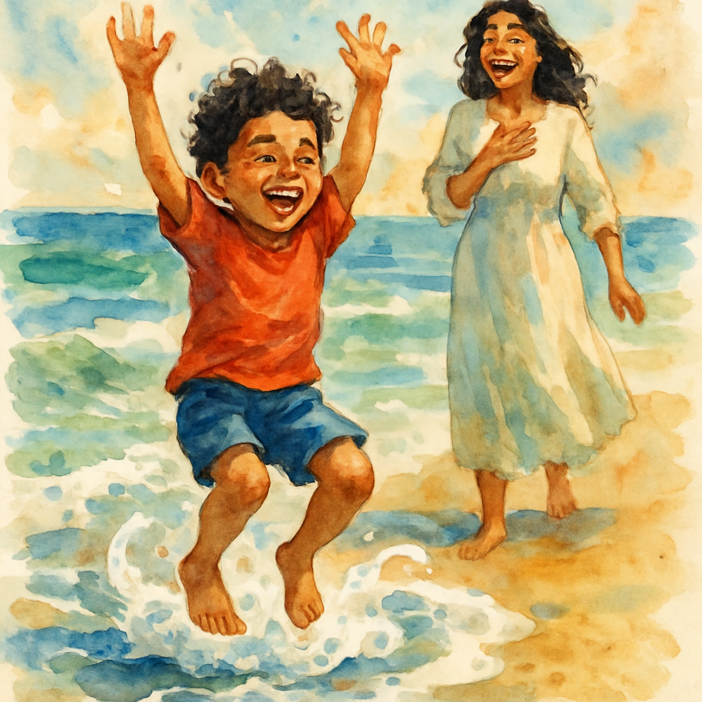 Sami caught mid-jump, both feet just off the sand, knees bent, arms flung up in delight and surprise. A small foamy wave swirls around where his feet just were. His mouth is open in a big laugh. His m
