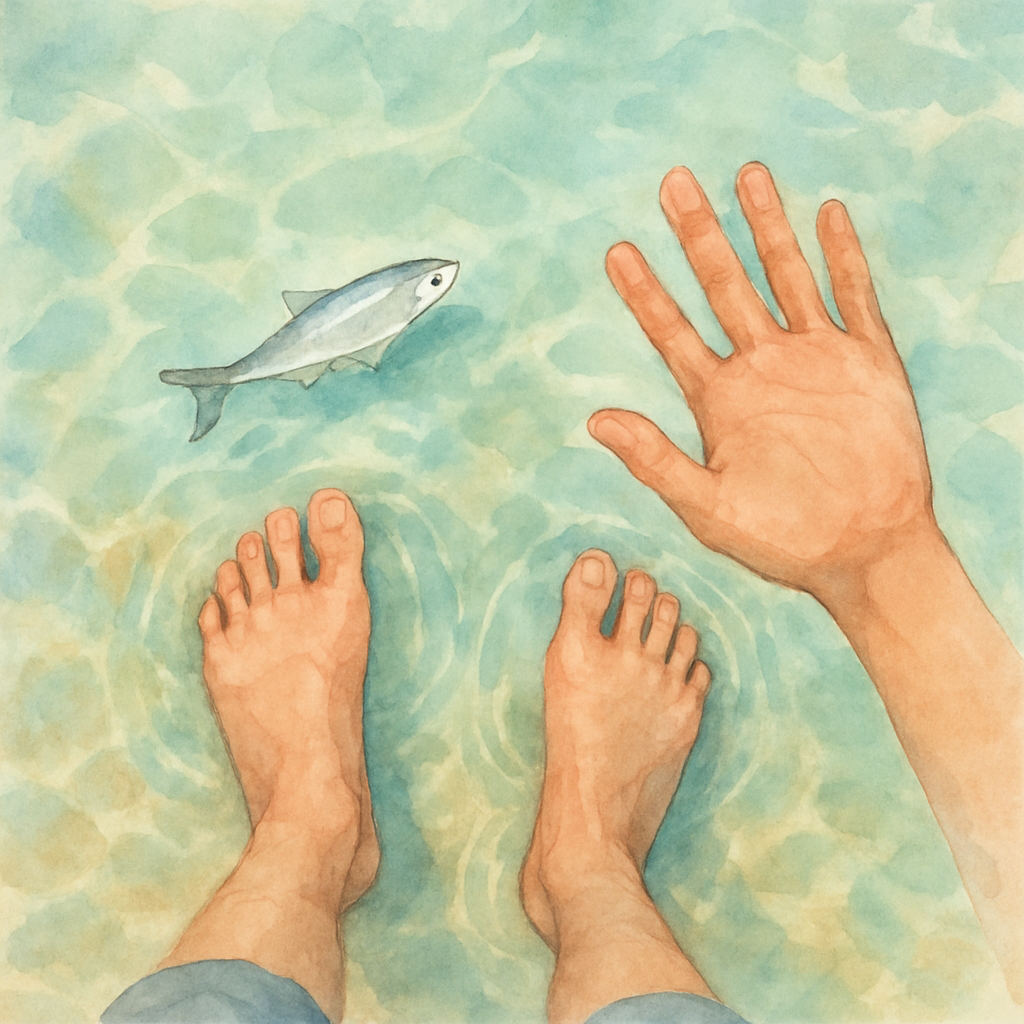 A view down through shallow clear water. Sami's bare feet are visible standing in a few inches of sea, and beside them a small silvery fish darts past, its body catching the light. Tiny ripples spread
