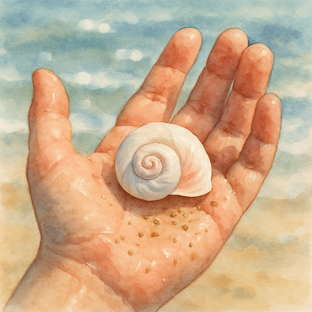 A close-up watercolor of Sami's small open palm holding a single perfect seashell — spiral-shaped, white with soft pink inside. Grains of sand stick to his damp hand. In the background, slightly out o