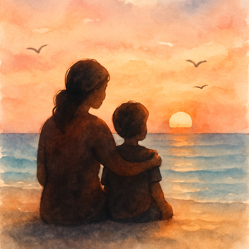 Sami and his mother sit side by side on the sand, both facing the sea. Her arm is around his small shoulders. The sky is a soft wash of pink, peach, and orange, melting into the deep blue sea. The sun
