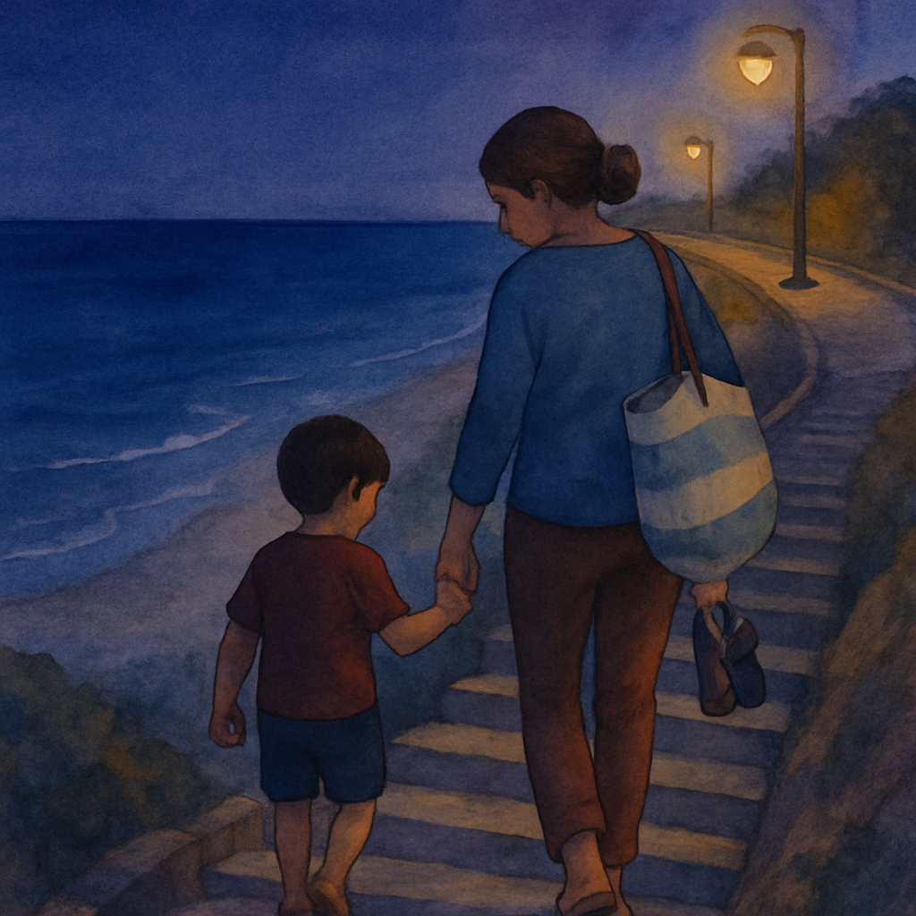 Sami and his mother walking up the stone staircase from the beach, away from the viewer. The sea behind them is now a deep evening blue. Streetlamps are beginning to glow warm yellow along the road ab