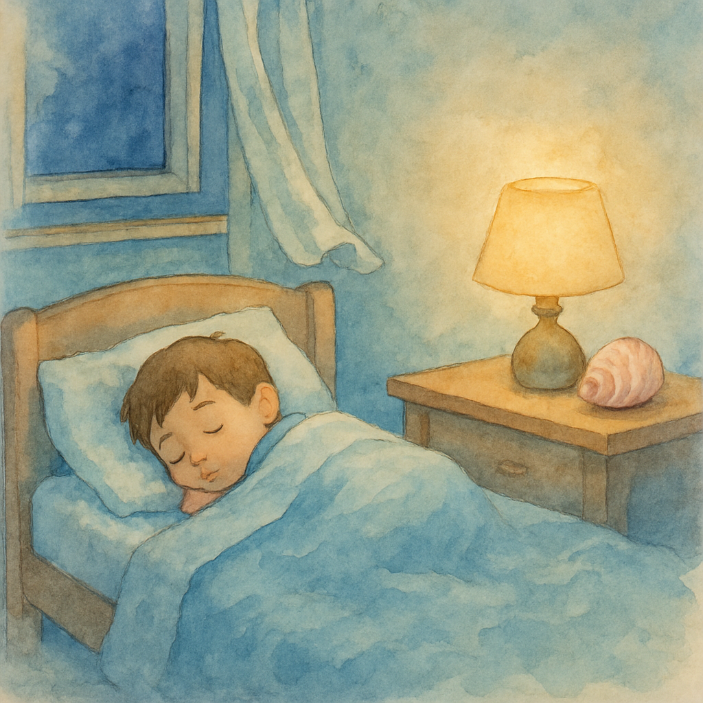 A quiet bedroom scene. Sami is curled up asleep in a small bed with a soft cotton blanket. On the wooden nightstand beside him sits the little pink-and-white shell, lit by the warm glow of a small lam
