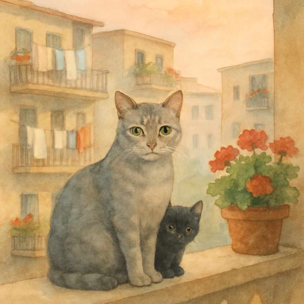 A soft watercolor scene of a Levantine apartment balcony in the early morning. A small grey street cat sits on the wide stone railing, looking calmly toward the viewer. Behind her, on the same railing