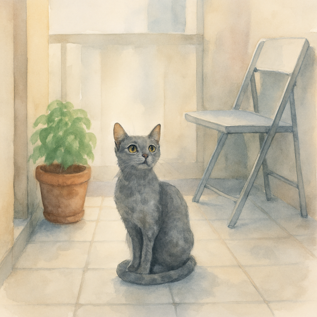 A small grey street cat sitting cautiously on the tiled floor of a Levantine apartment balcony. Her body is a little thin, her tail wrapped neatly around her paws. She is looking up at someone we cann