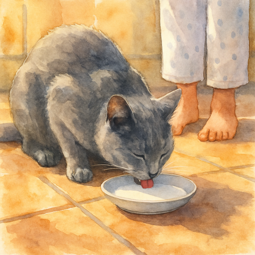 Close-up watercolor of the grey cat bent over a small white ceramic saucer of milk on a tiled balcony floor. Her pink tongue is barely touching the milk. A child's bare feet and the bottom edge of paj