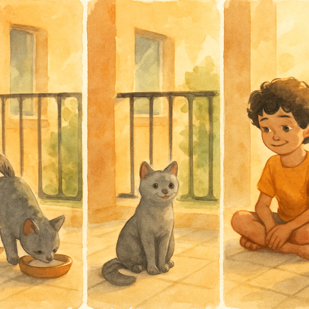 A small calendar-like sequence in one watercolor frame: the same balcony shown three times in a soft row, with the grey cat in each — drinking, sitting, then looking up at the child. The child, around