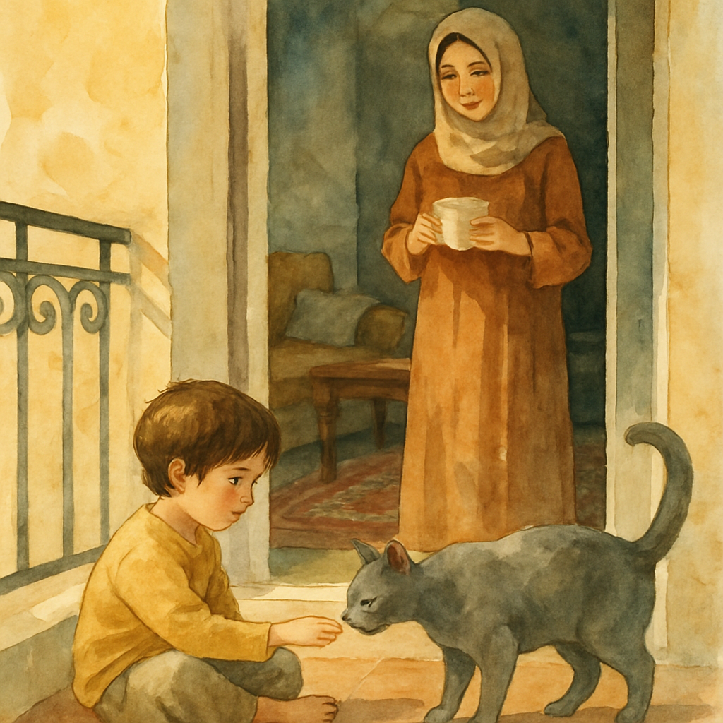 A warm domestic scene: the child sitting on the balcony floor, gently extending one hand toward the grey cat Layla, who is sniffing the fingertips. The child's mother stands in the doorway between the