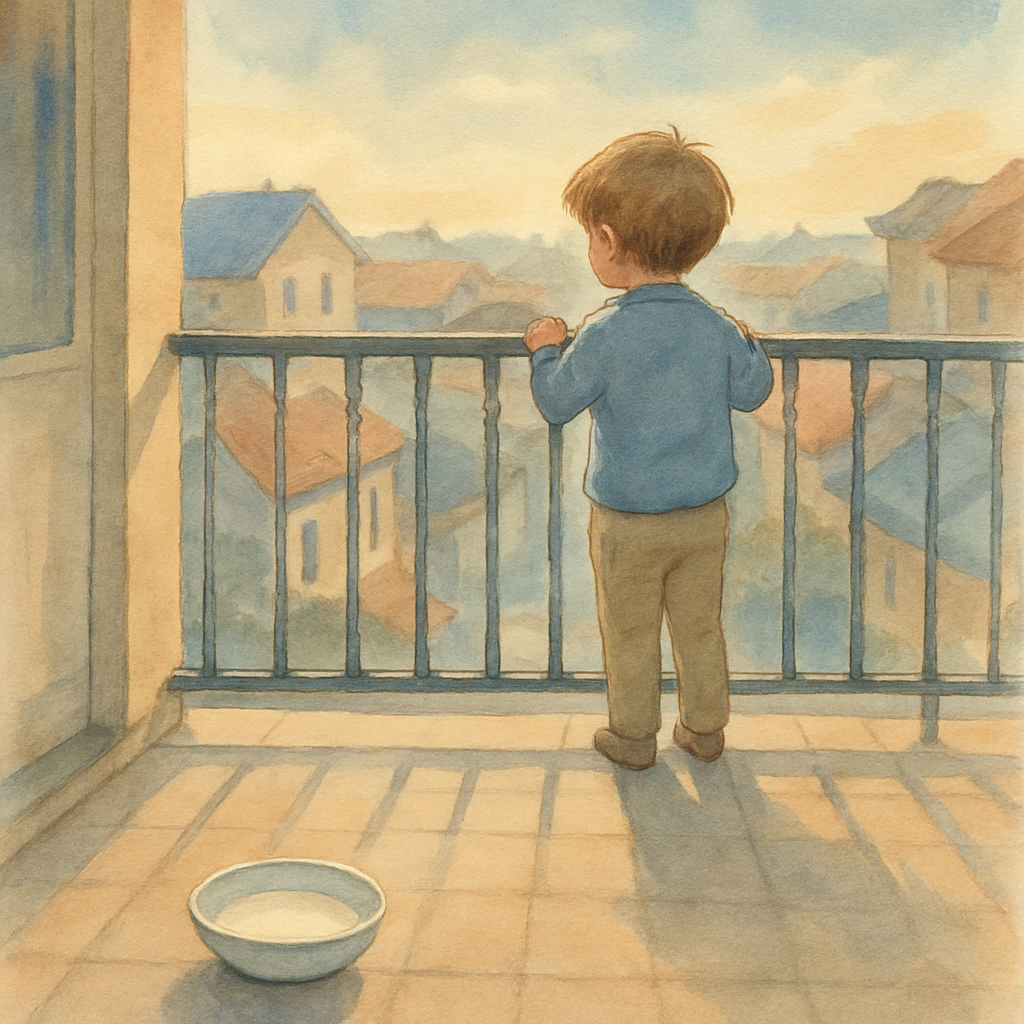 An empty balcony in the morning light. A small white saucer of fresh milk sits on the tiles, untouched. No cat. The child stands at the balcony railing, looking out over the rooftops of the neighborho