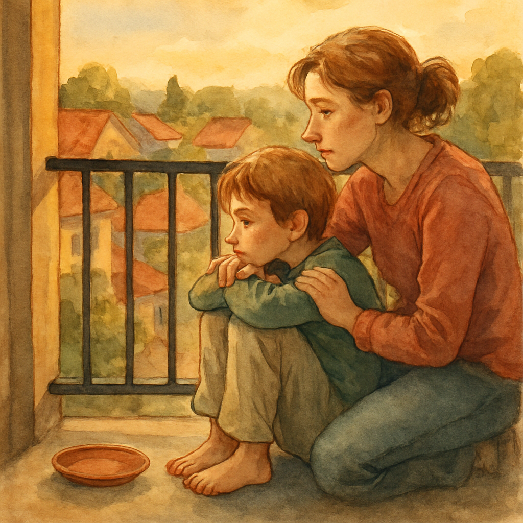 The child sitting on the edge of the balcony floor, knees pulled up, chin resting on the railing, looking thoughtfully out at the neighborhood. The mother is crouched beside the child, one arm around 