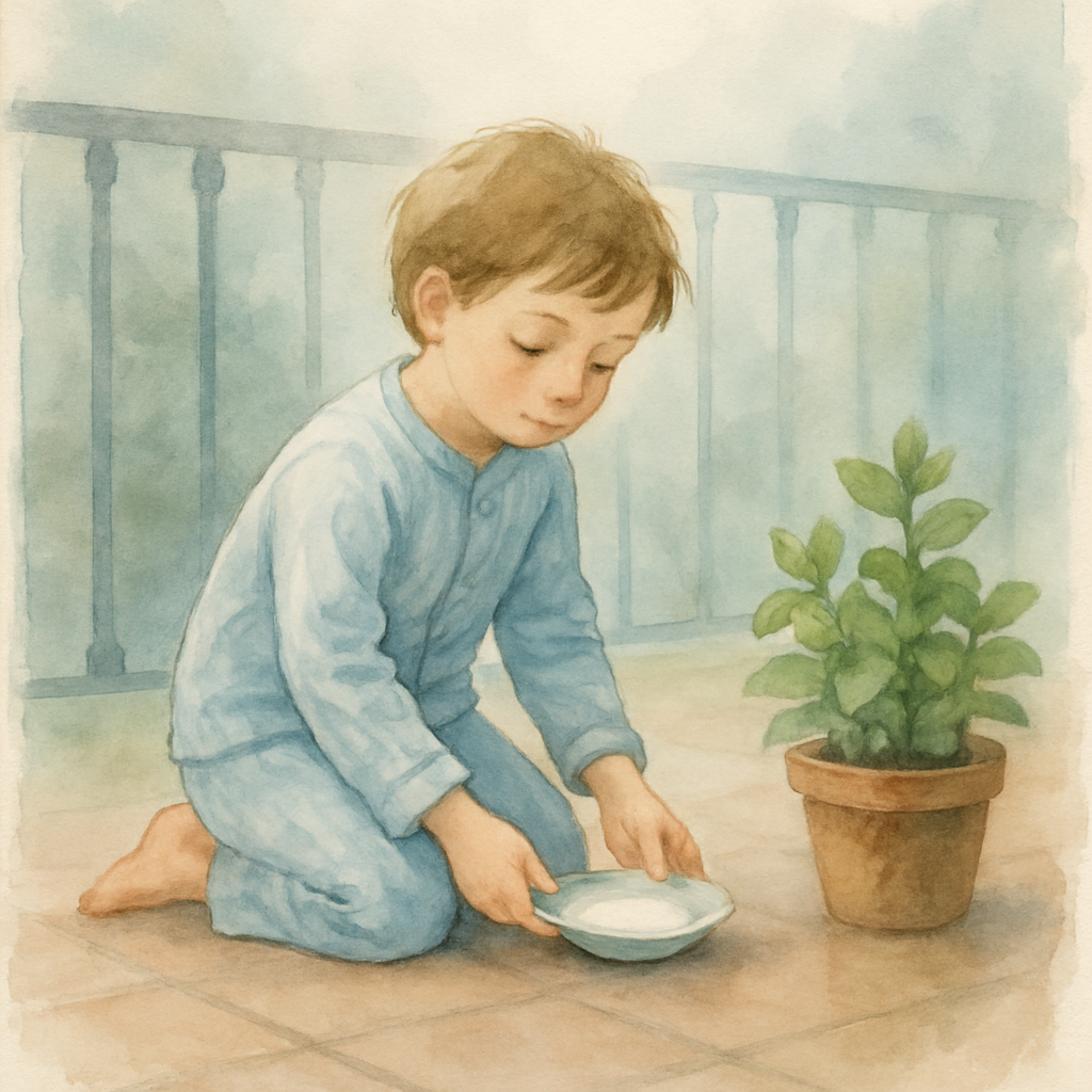 A quiet watercolor of the child, in pajamas, kneeling on the balcony tiles and carefully placing a small saucer of milk down. The morning is misty. The child's face shows a soft mix of hope and habit 