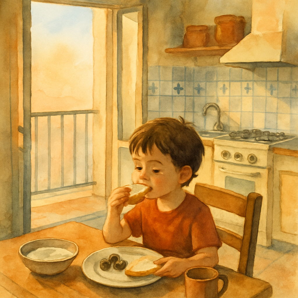 The child sitting at a small kitchen table inside the apartment, eating a piece of bread with labneh and olives for breakfast. Through the open balcony door behind them, we can see the empty balcony —