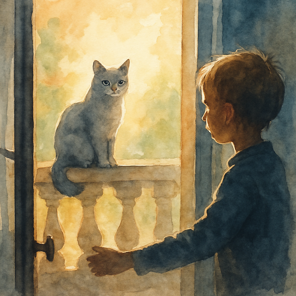 A wide, emotional watercolor: the balcony door swings open, and on the stone railing sits the grey cat Layla, calm and familiar, as if she had never left. Morning light pours in from behind her, makin