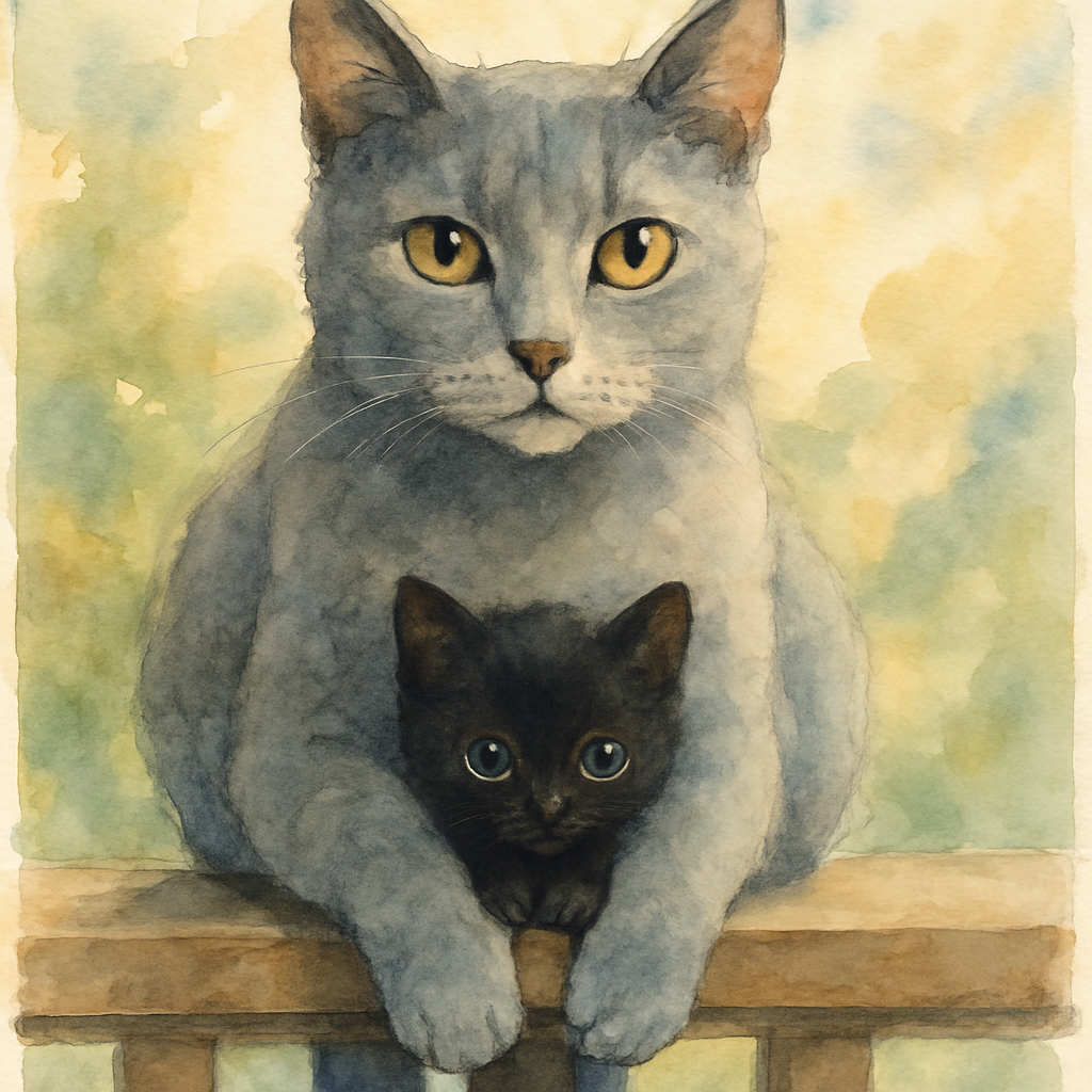 Close-up watercolor of the grey mother cat Layla on the railing, and just behind her, a tiny black kitten peering out from between her paws. The kitten's eyes are huge, round, curious. Layla is calm, 