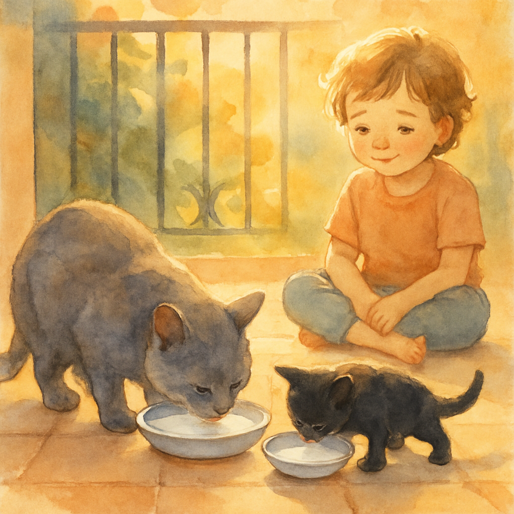 The final, tender watercolor: two small ceramic saucers of milk on the balcony tiles, side by side — one slightly larger than the other. Layla, the grey mother cat, drinks calmly from the big saucer. 