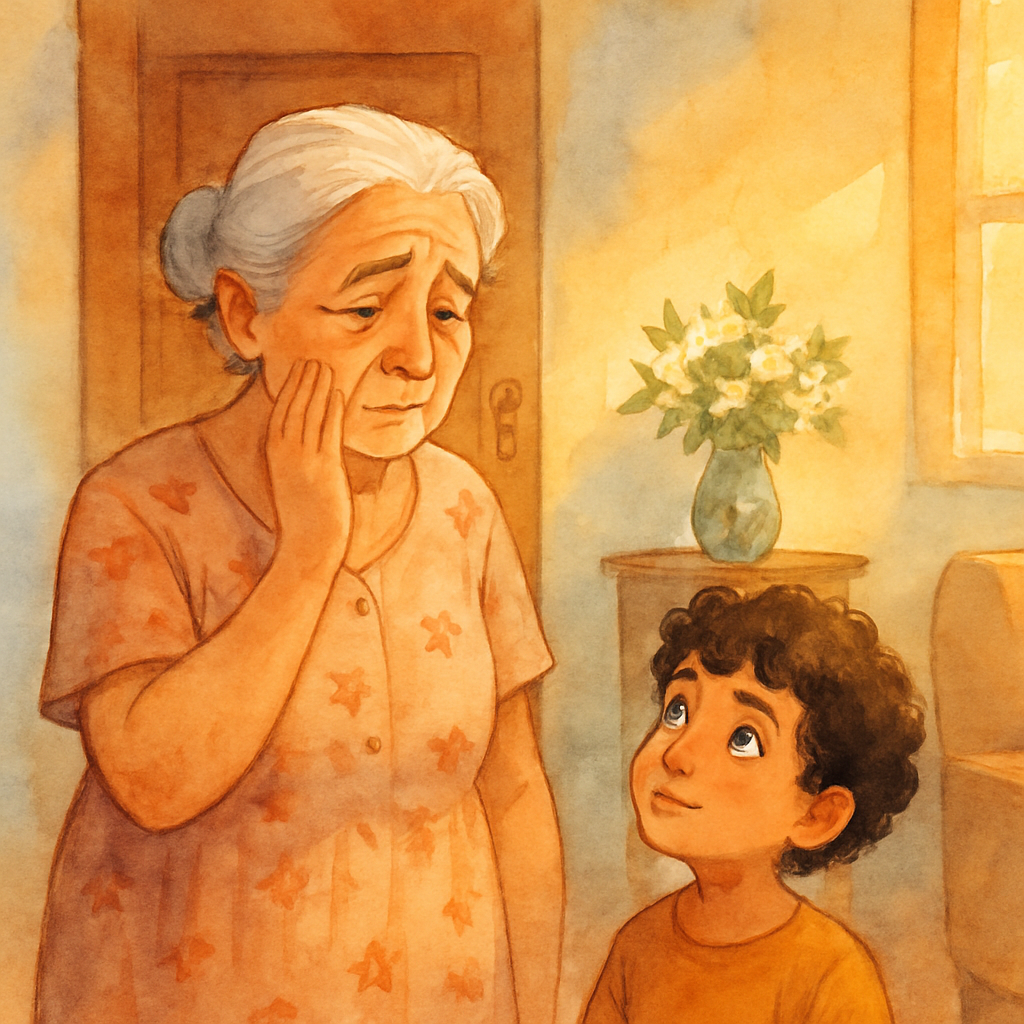A warm watercolor illustration of a Levantine grandmother (Teta) with silver hair pulled into a soft bun, wearing a simple housedress with small embroidered flowers. She stands in a sunny living room 