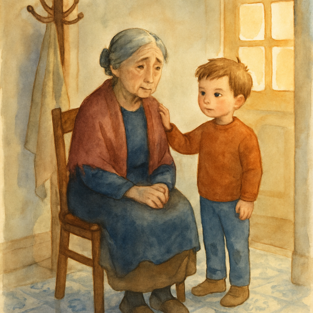 Teta sitting on a wooden chair in the entryway of her home, her hands resting in her lap, her face gently worried. The young child stands beside her, one small hand on Teta's shoulder, looking determi