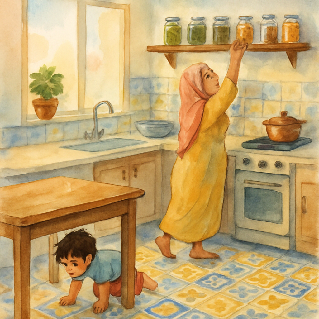 A bright Levantine kitchen with patterned tiles in blue and yellow. The child is on their hands and knees, peeking under a wooden kitchen table. Teta is standing on her tiptoes, reaching up toward a h
