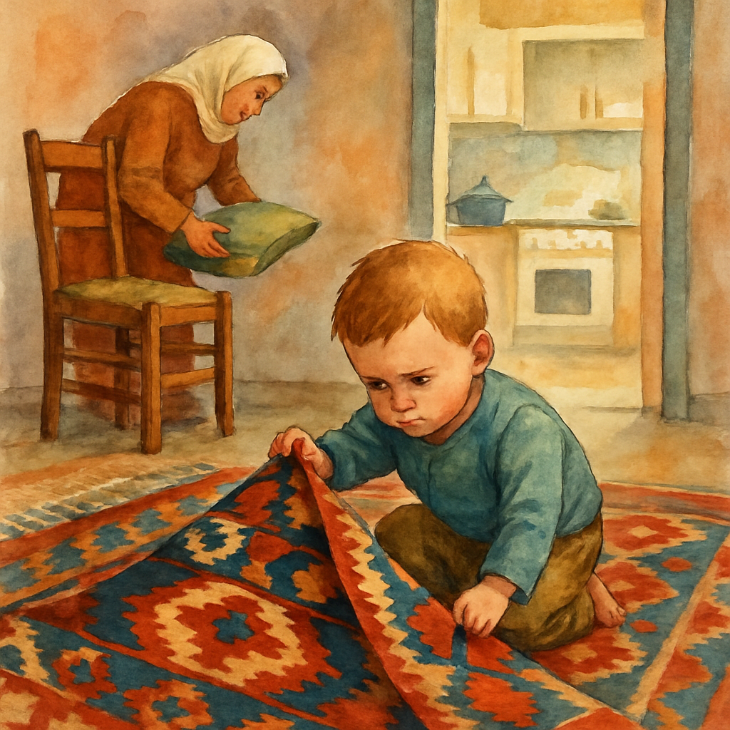 The child lifting up the corner of a colorful Levantine kilim rug, looking underneath with a small frown of concentration. Teta in the background lifting a cushion off a wooden chair. The kitchen visi