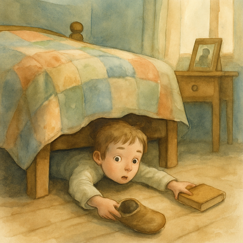 The child lying flat on the floor, head and shoulders disappearing under a wooden bed with a quilted blanket hanging down. One hand is reaching out holding an old slipper, the other holding a small bo