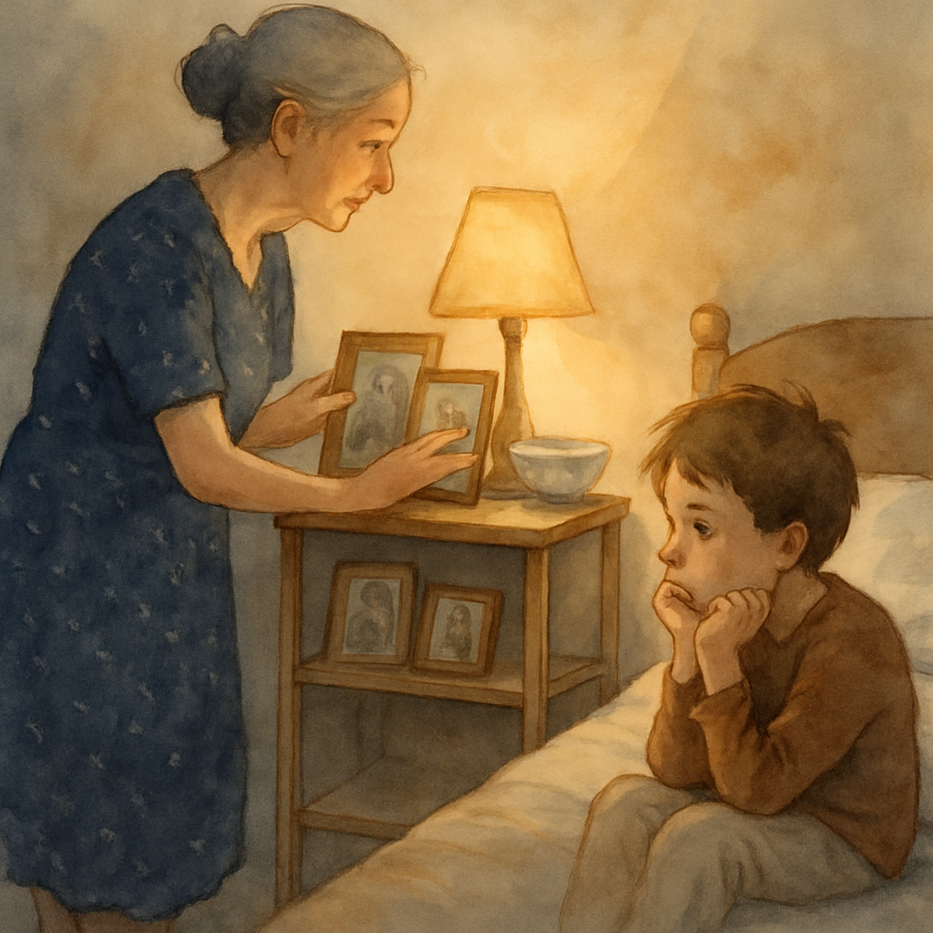 Teta standing on her toes near a small wooden shelf beside the bed, her hand moving among framed family photos, a small lamp, and a delicate porcelain bowl. Her expression is gentle but tired. The chi