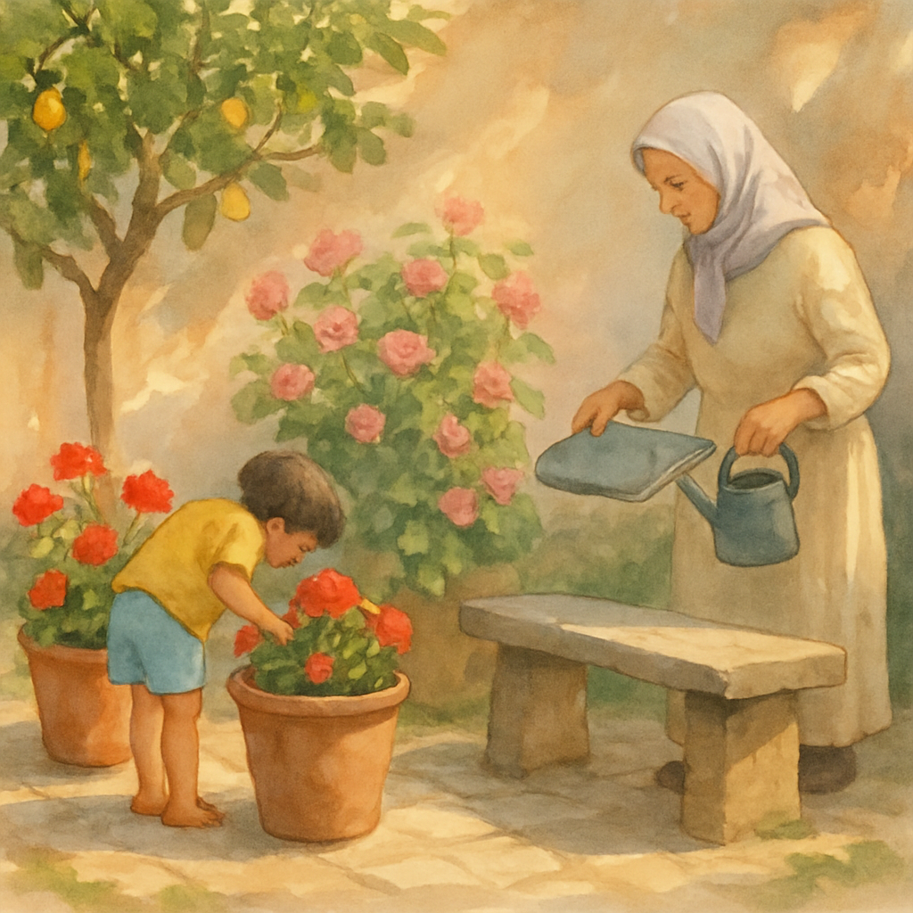 A small Levantine garden behind the house — a few clay flowerpots with red geraniums and pink roses, a worn stone bench, a lemon tree in one corner. The child is on tiptoes peering into a tall clay fl