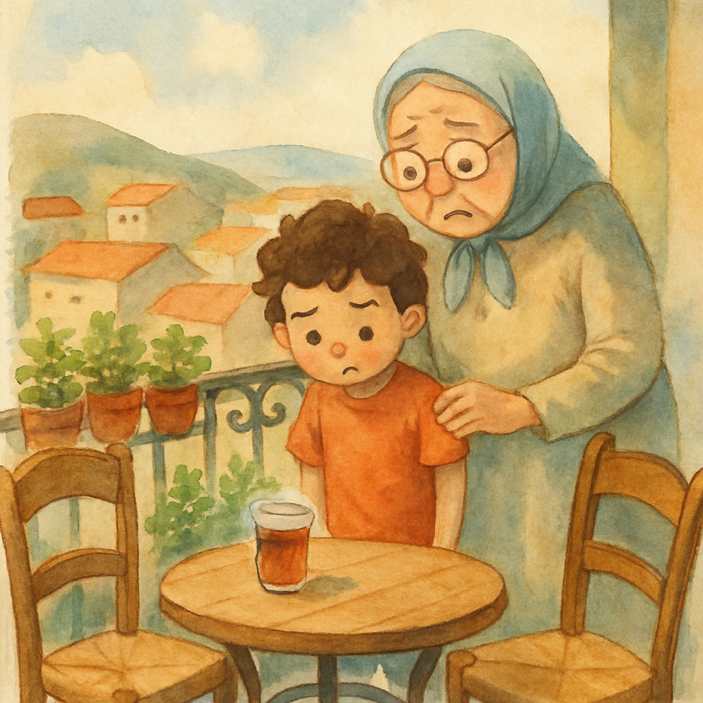A Levantine balcony with a small round wooden table and two chairs, a glass of tea cooling on the table. Beyond the railing: rooftops of a small town and distant hills. The child and Teta stand togeth