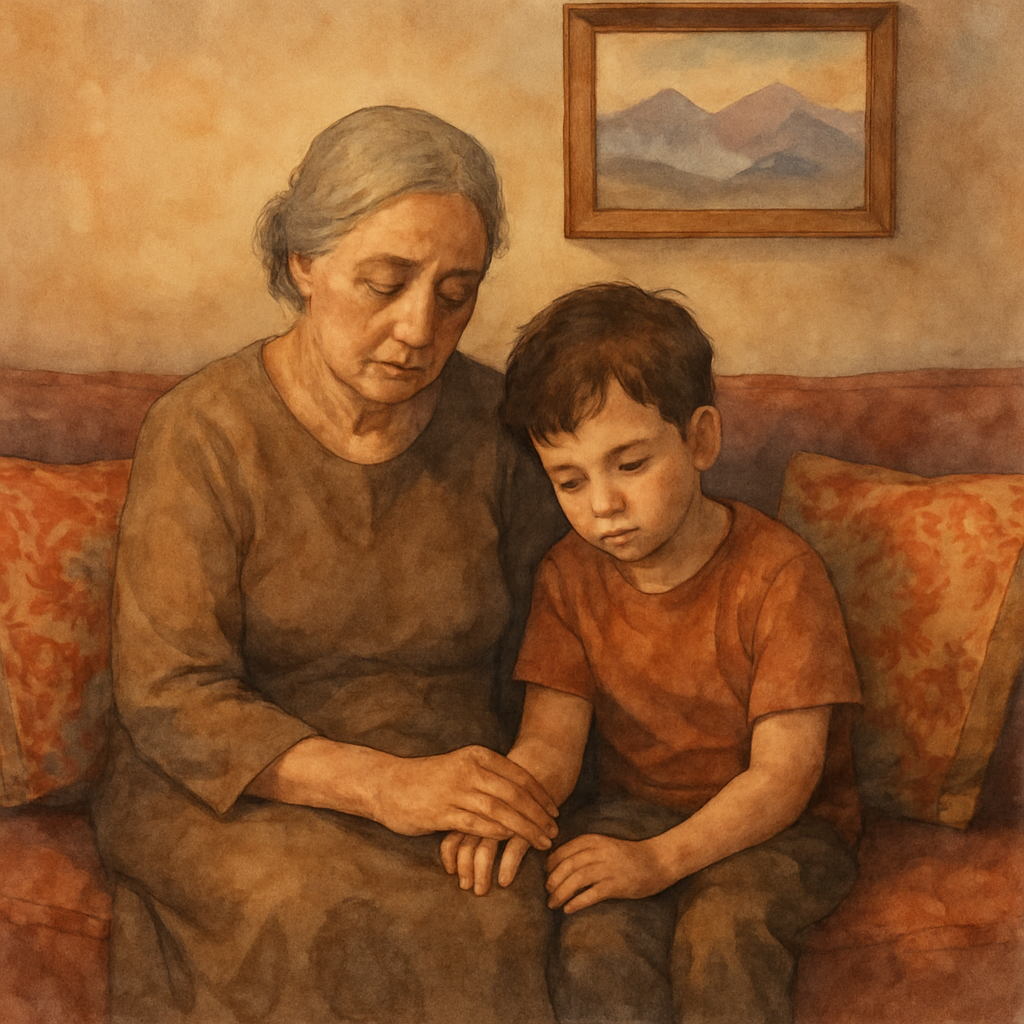 Teta and the child sitting close together on a soft couch with embroidered cushions in warm reds and golds. Both have slumped shoulders and quiet faces. The child's small hand rests on Teta's hand. Be