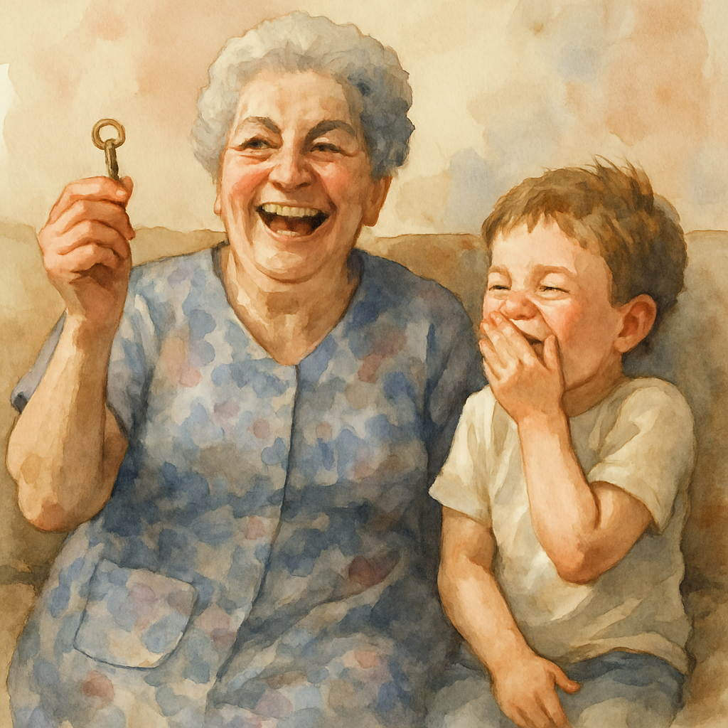 Teta sitting up straight on the couch, her eyes wide and a huge warm laugh on her face, holding up a small brass key in her hand. The child beside her bursts into laughter too, one hand covering their