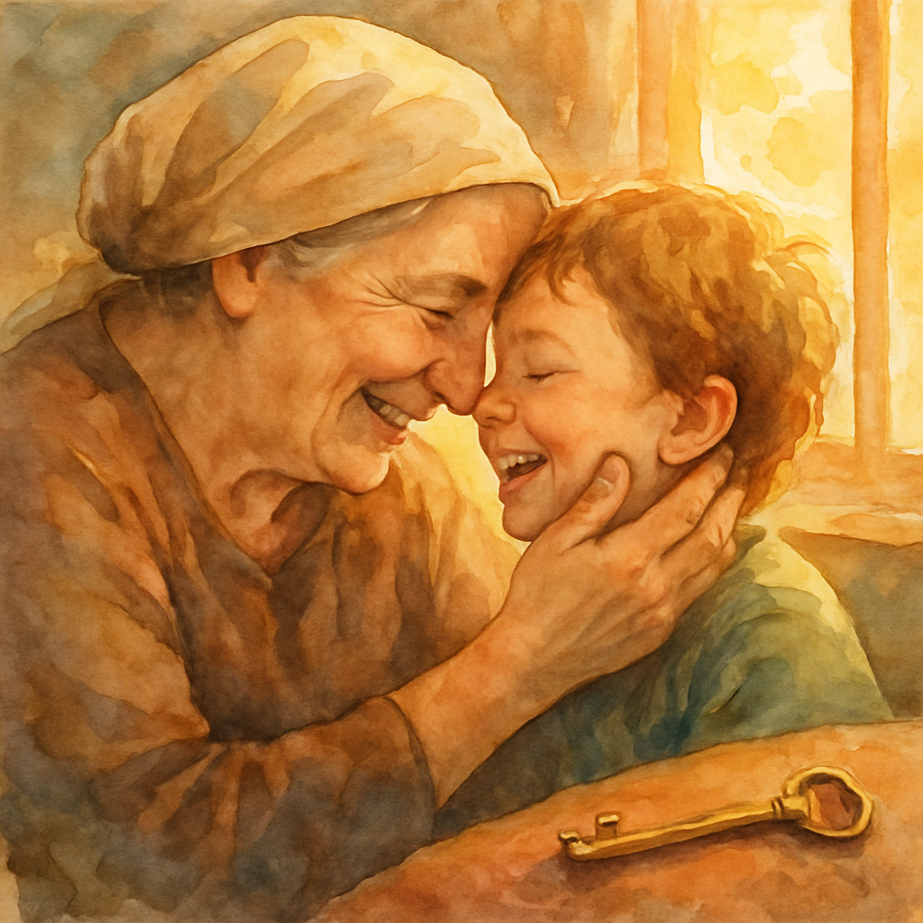 A close, tender moment: Teta and the child leaning their foreheads gently together, both still smiling from laughter. Teta's hand cups the side of the child's face. The brass key sits forgotten on the