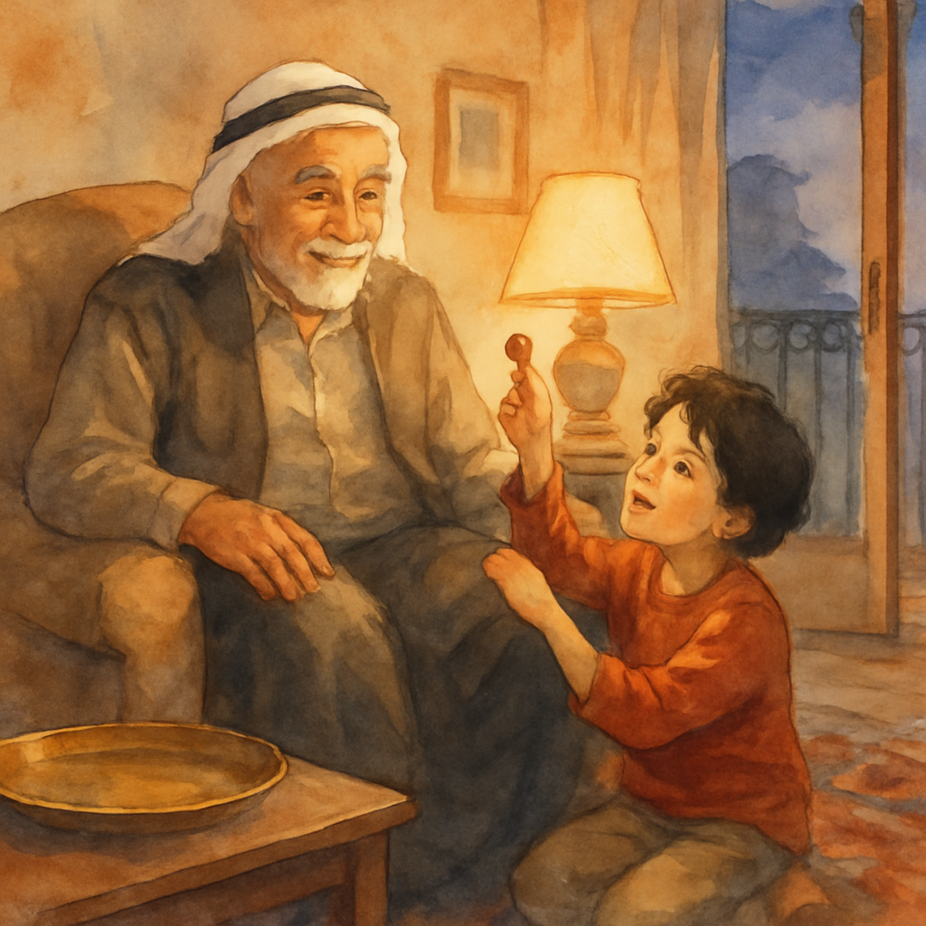 A warm watercolor scene of an elderly Levantine grandfather seated in a soft armchair beside a small wooden side table. A child of about eight, with dark wavy hair, leans against his knee, holding up 