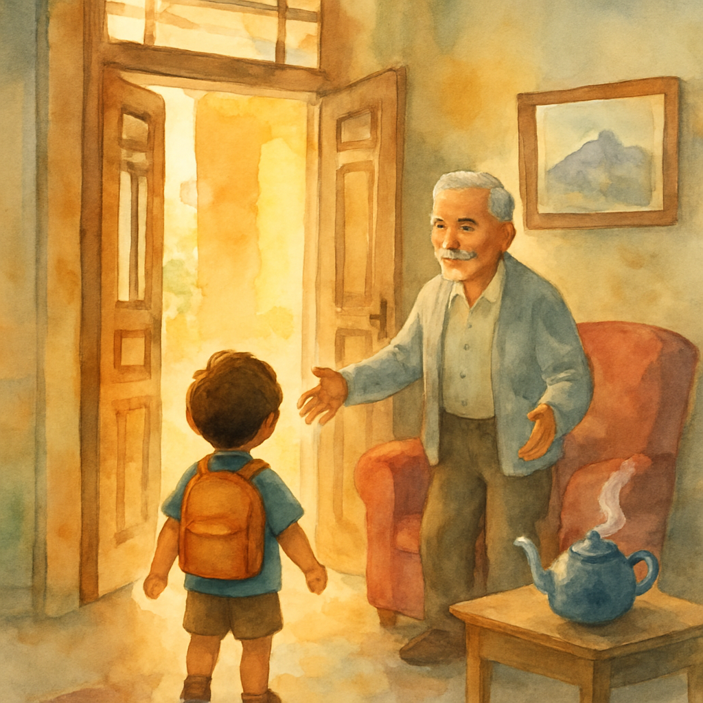 A child walking through a wooden front door into a sunlit Levantine apartment. Grandpa, an older man with a neat grey moustache and a soft cardigan, stands up from a worn velvet armchair, arms slightl