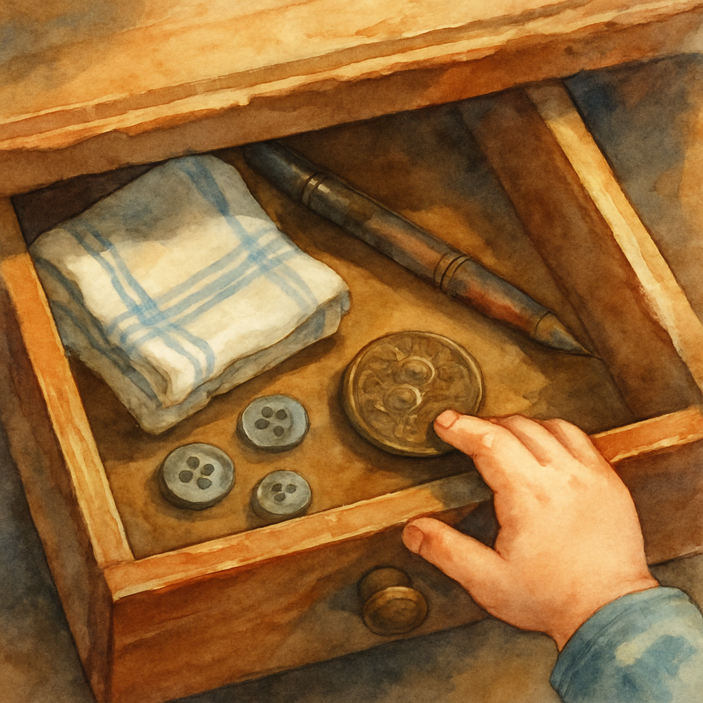 Close-up watercolor of a wooden desk drawer pulled open. Inside: a folded handkerchief, an old pen, a few buttons, and one bronze coin with worn Arabic numerals and a faded pattern resting on top. A c