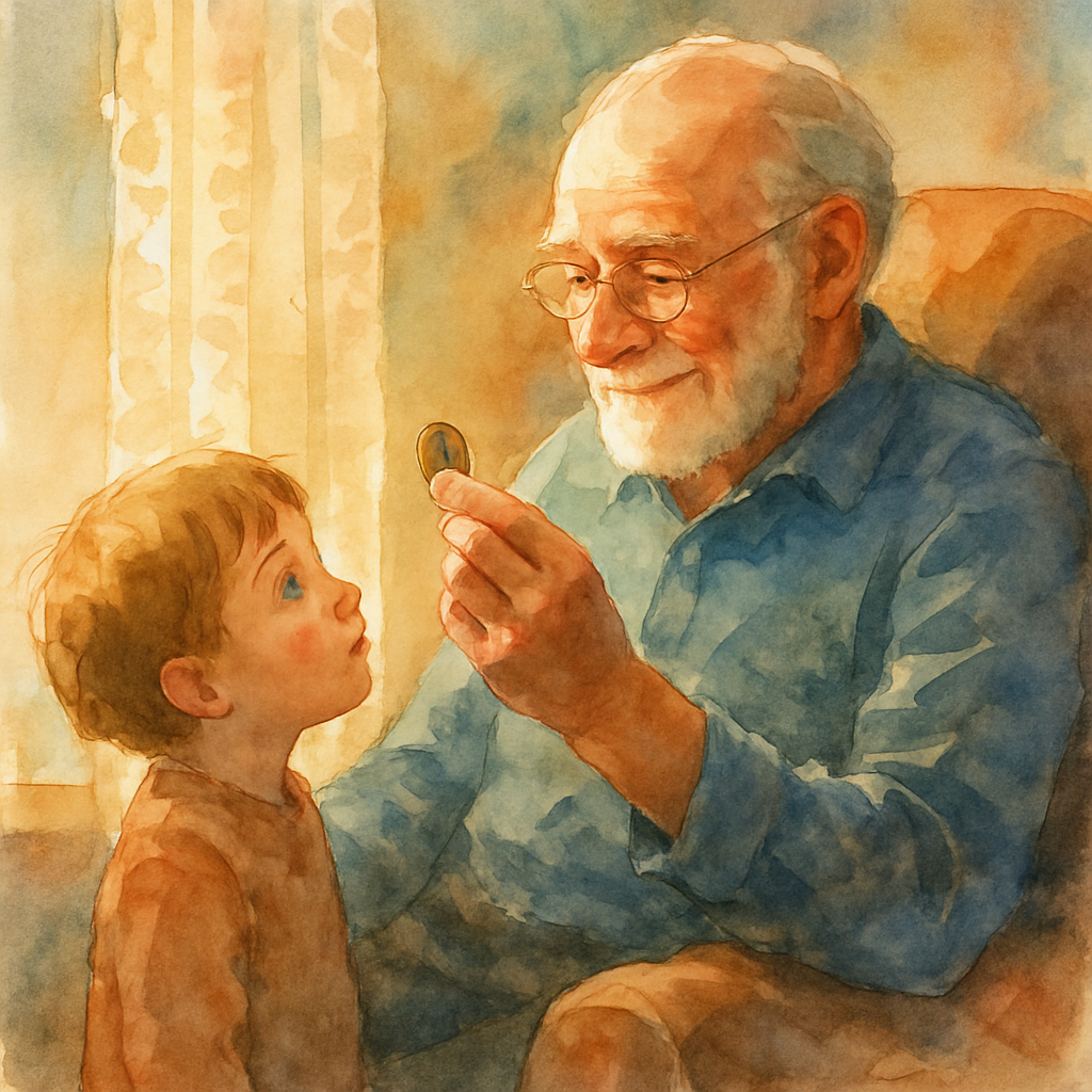 The child stands beside Grandpa's chair, looking up at him with curious eyes. Grandpa holds the small coin between his thumb and forefinger, examining it like something precious. His face is soft with