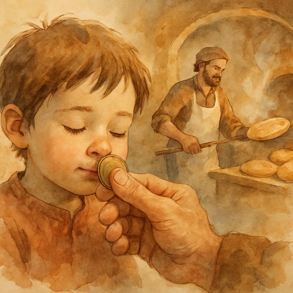 A split scene: in the foreground, the child closing their eyes and sniffing the coin in Grandpa's hand. In the soft background, like a daydream, a village bakery — a man in a flour-dusted apron pullin