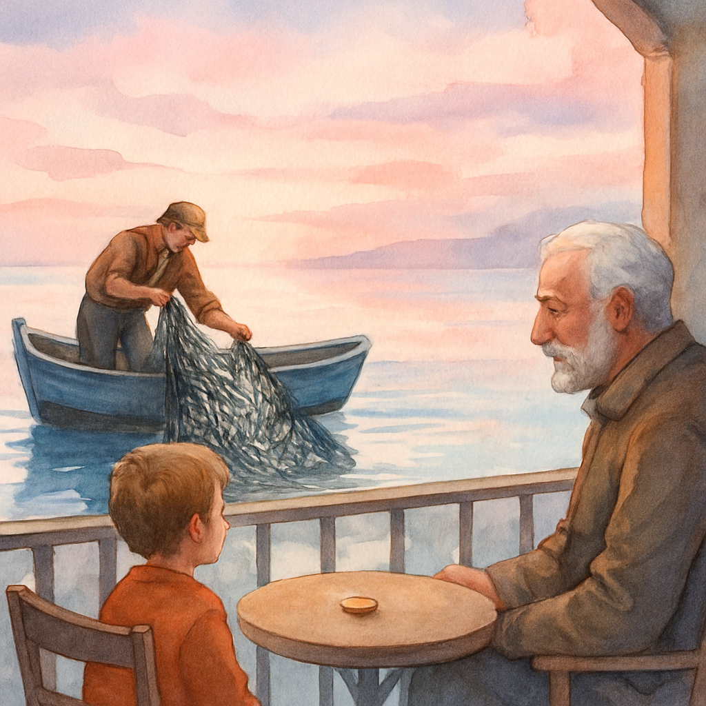 Another gentle daydream scene: a fisherman in a small blue wooden boat on the Mediterranean at early dawn, pulling a net full of small silver fish over the side. Pink and pale-blue sky. In the corner,