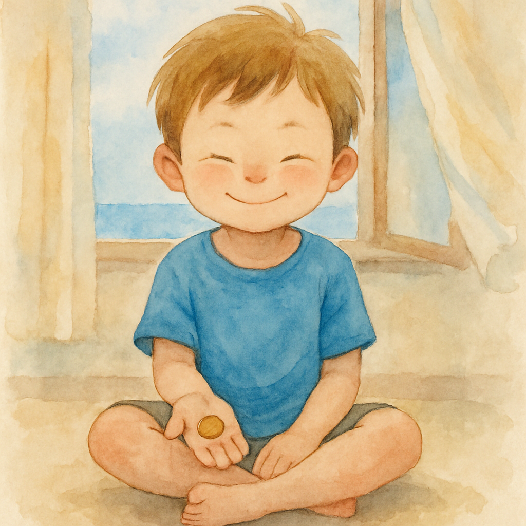 The child sitting cross-legged on the floor with eyes squeezed shut, a small smile beginning on their face. The coin rests in their open palm. Behind them, a window showing only blue sky, but the curt