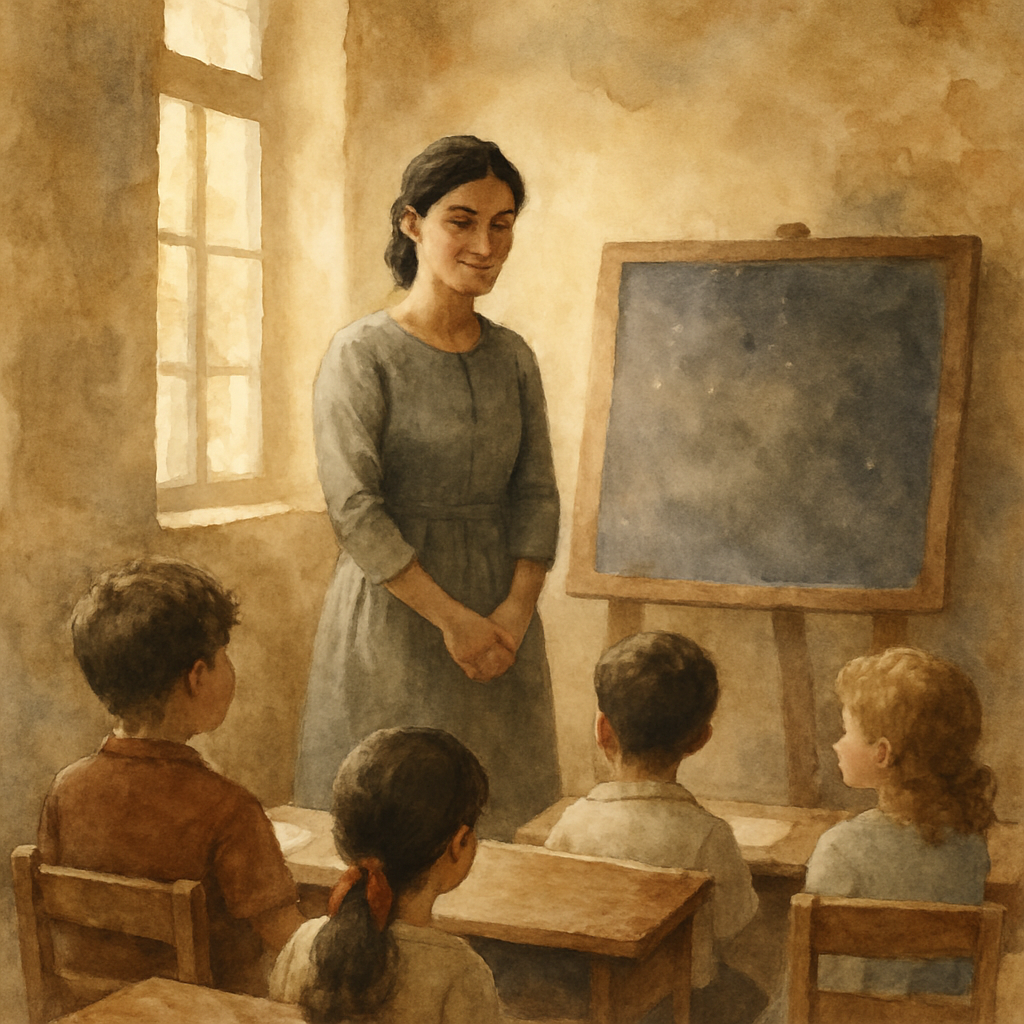 A daydream-style scene of a modest old classroom: a young Levantine teacher in a simple grey dress stands in front of a small wooden chalkboard, gently smiling at a row of children seated at wooden de