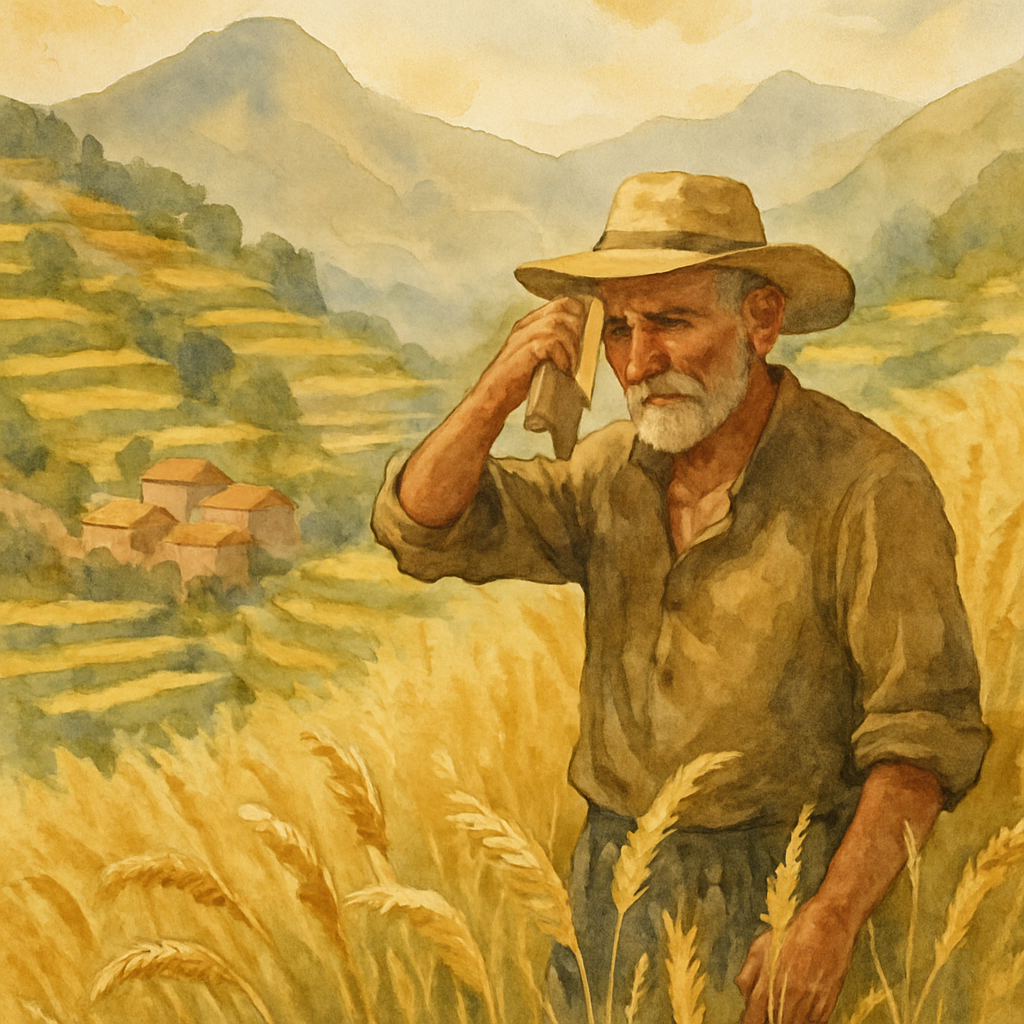 A scene of terraced mountain fields in golden wheat, a farmer with a sun-weathered face standing among the stalks, wiping his brow with a cloth. Distant Levantine mountain village rooftops in the back