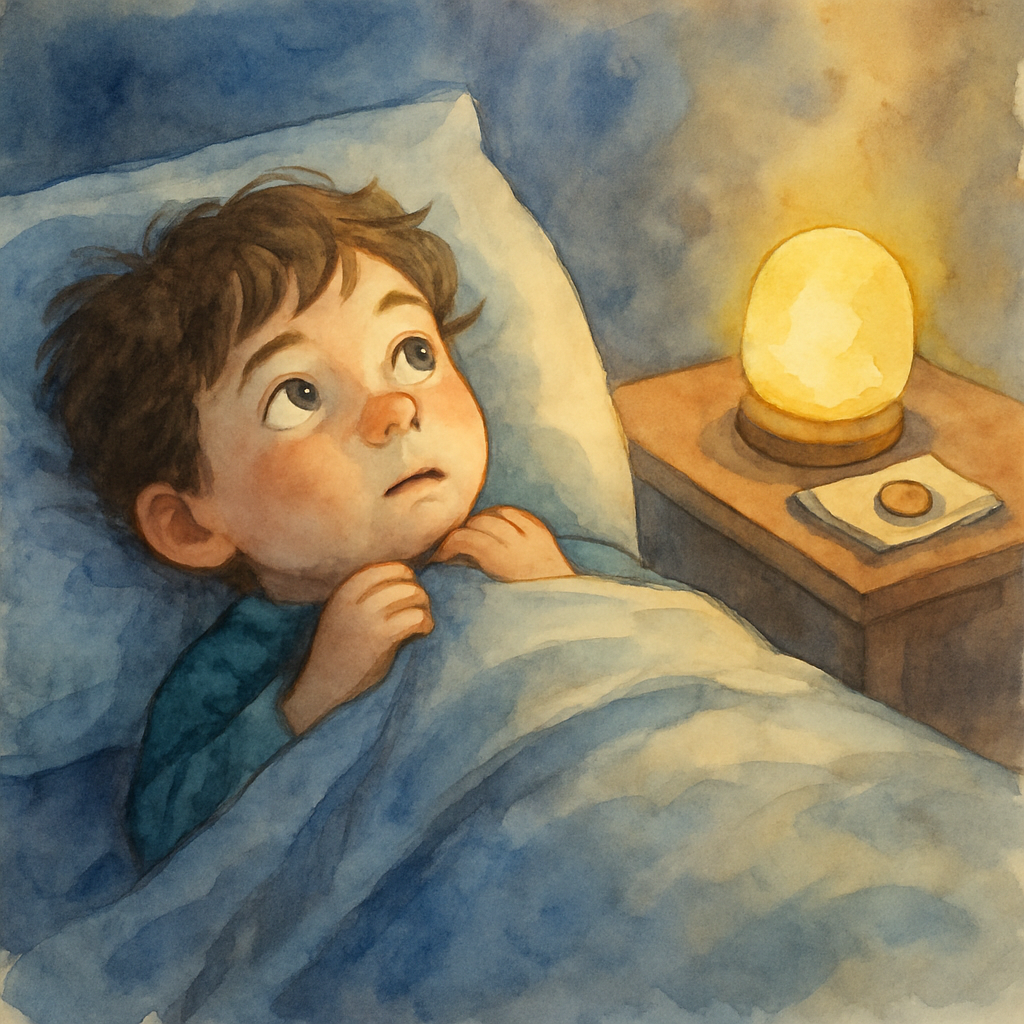 The child lying in bed at night, blanket pulled up to their chin, eyes open and thoughtful, looking at the ceiling. On the bedside table, the small coin rests on a folded cloth. A soft yellow night-li