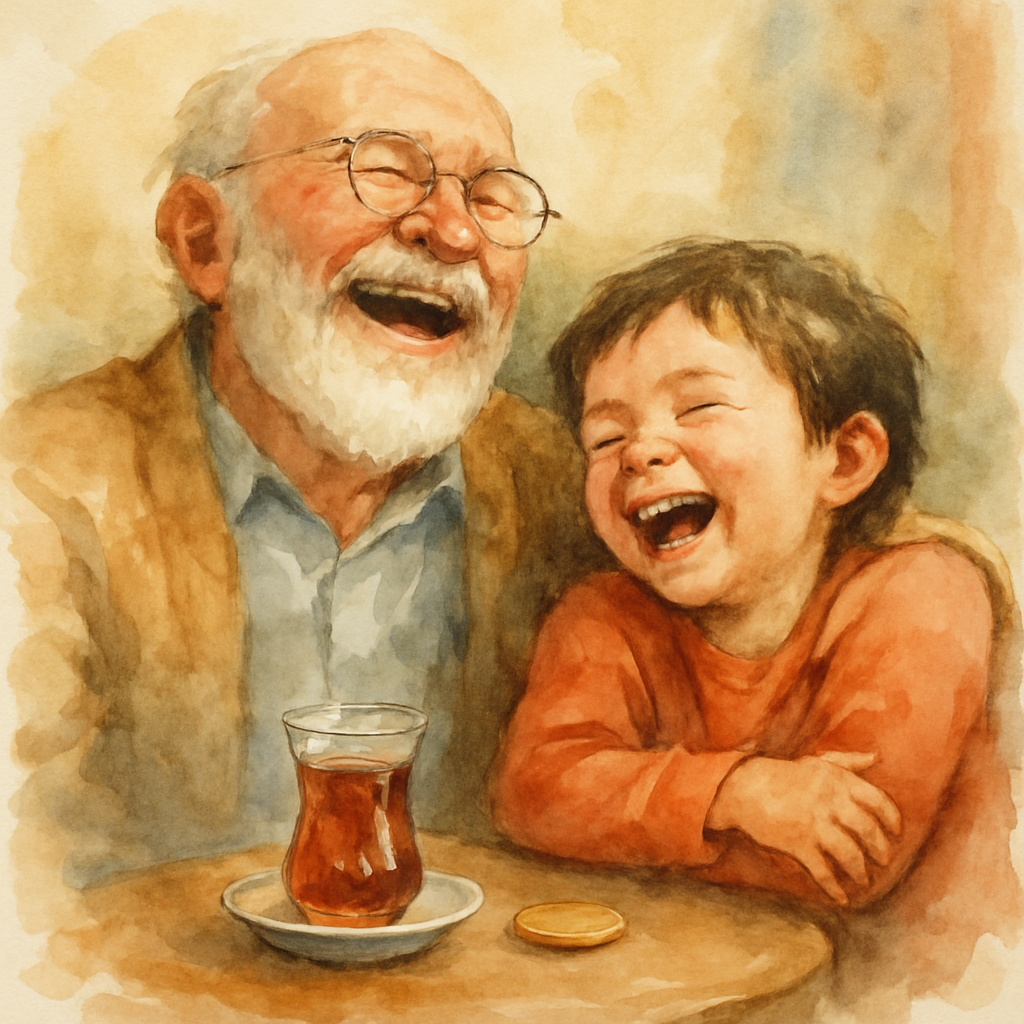 Grandpa is laughing, head tilted back slightly, eyes crinkled. The child is laughing too, leaning against his arm. The coin sits between them on the small table beside a glass of tea. The whole scene 