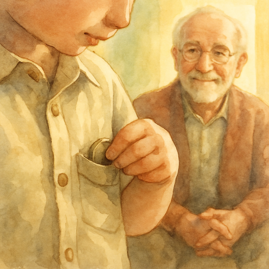 Close-up of the child's small hand slipping the coin into a shirt pocket. In soft focus behind them, Grandpa watches with a quiet, proud smile, his hands folded in his lap. Late afternoon light fills 