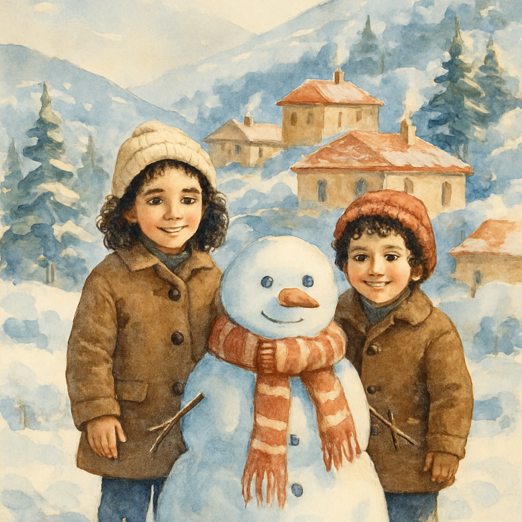 A wide watercolor scene of a small Lebanese mountain village covered in fresh snow. Two siblings — a brother around 8 and a sister around 9, both with dark curly hair, bundled in warm wool coats and k