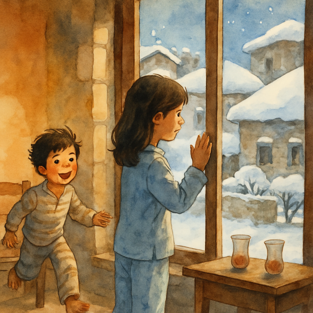 Inside a cozy Levantine mountain home, Layla stands at a tall window in her pajamas, hand pressed to the cold glass. Outside, fresh white snow blankets the stone rooftops and the small garden. Her bro