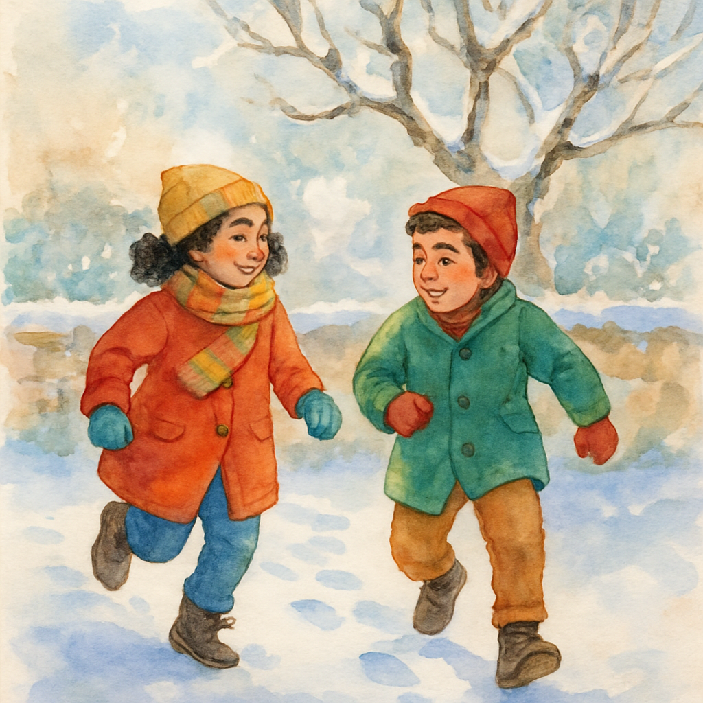 Layla and Karim bundled up in colorful wool coats and mittens, mid-step as they rush into a snow-covered garden. Their breath puffs out in little clouds. A low stone wall borders the garden, and an ol