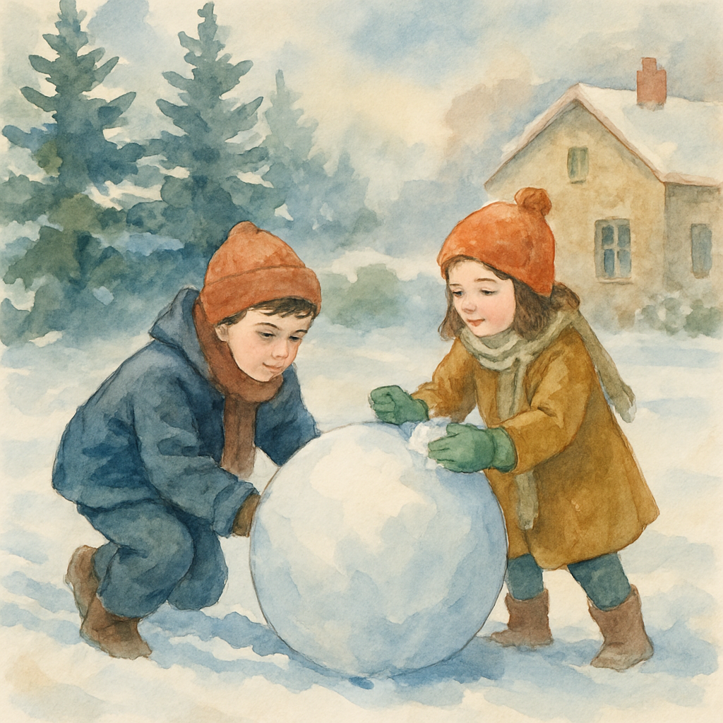 Karim crouched low, rolling a large snowball across the garden, leaving a clean trail through the snow. Layla beside him, patting snow onto the ball with her mittened hands. The snowball is already th