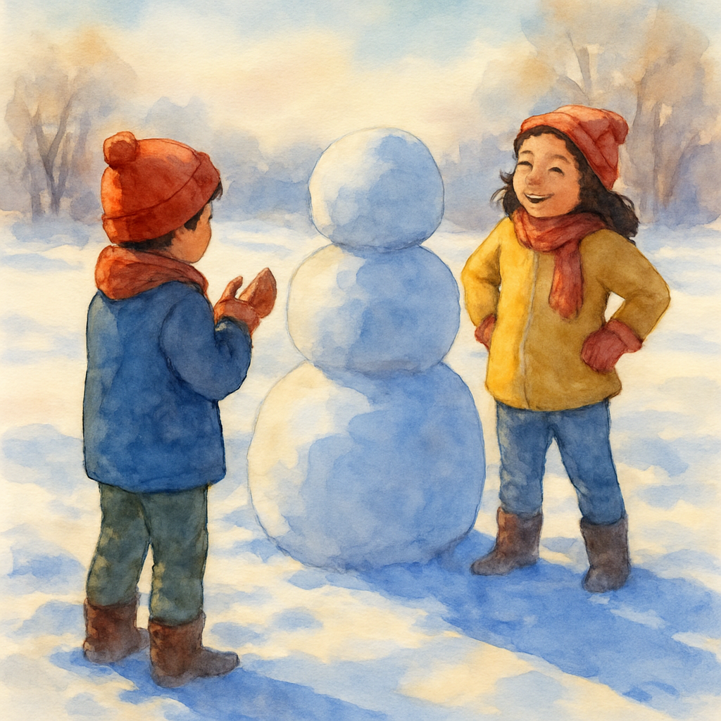 The two siblings standing back, admiring their three-tiered snowman who has no face yet. Karim wipes snow off his gloves; Layla has both hands on her hips, grinning. The snowman is round and a little 